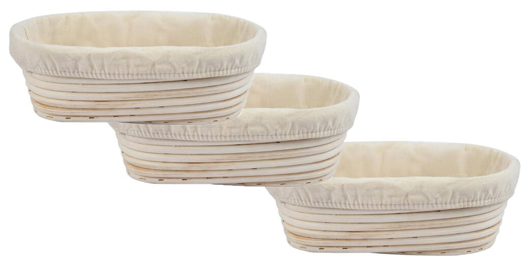 Set of three 10-inch oval banneton proofing baskets for sourdough bread