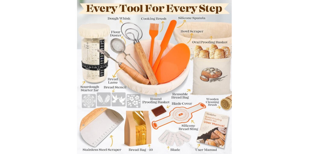 Sourdough starter kit with banneton, lame, and dough scraper
